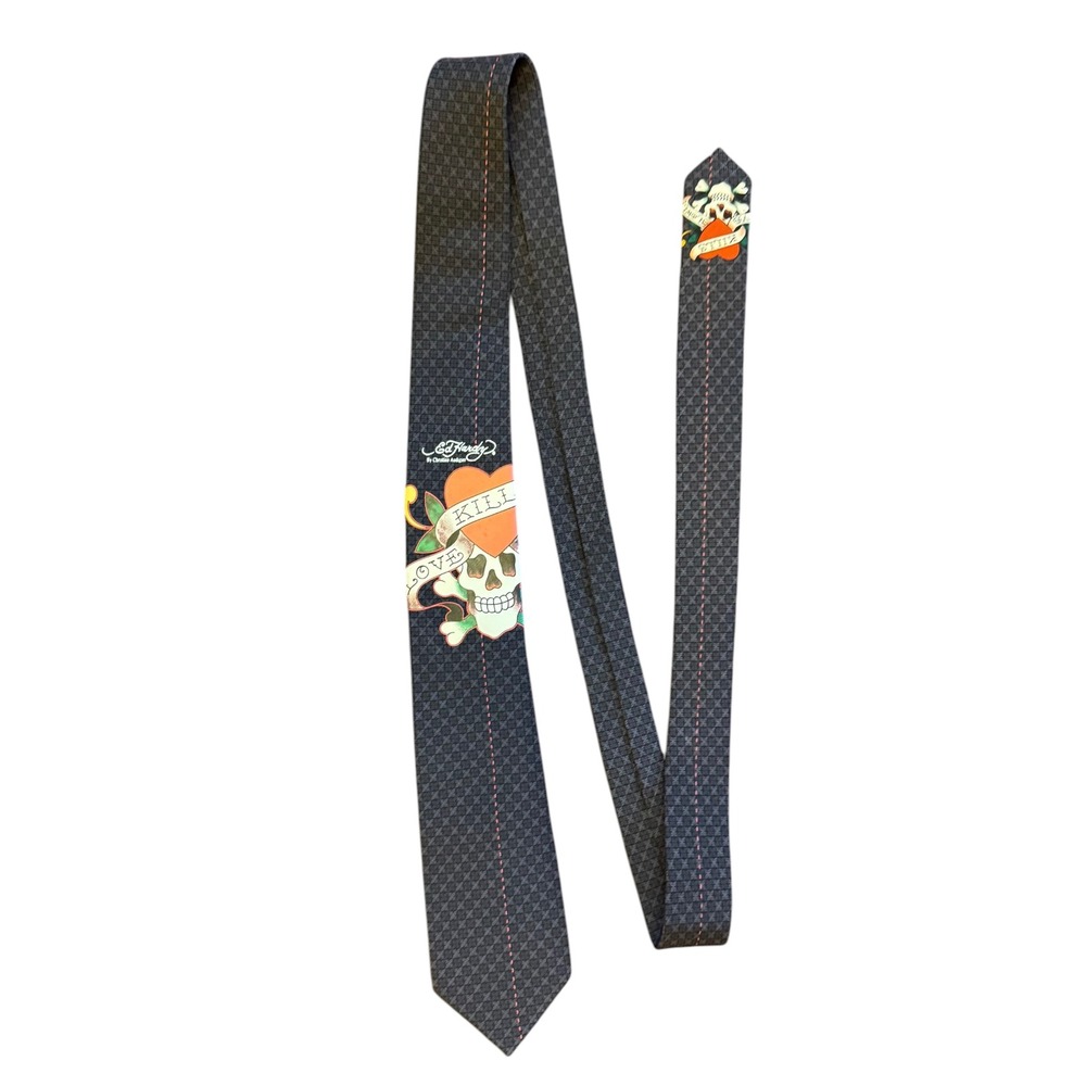 Ed Hardy Christian Audigier Mens Silk Tie Love Kills Slowly Skull Charcoal Grey